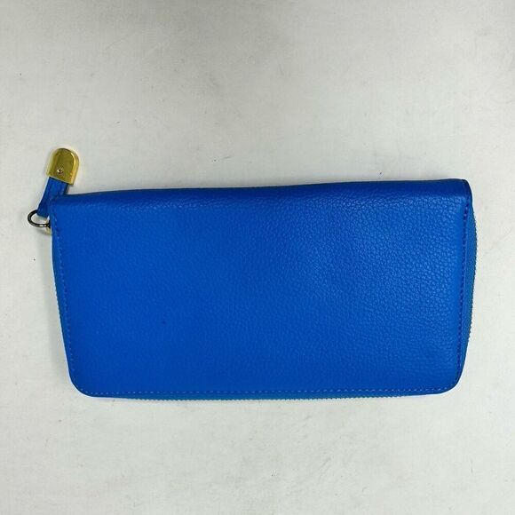 Joy & Iman‎ Tan Leather Zip Card Pockets Sky Blue Clutch Wristlet - Picture 2 of 7